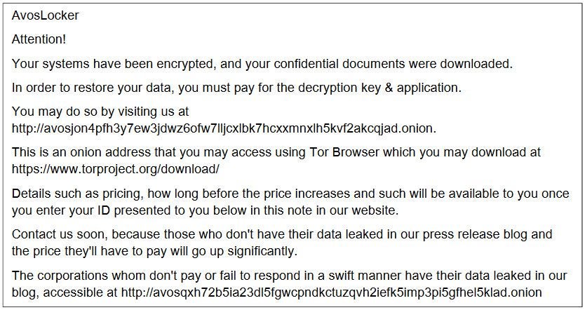 AvosLocker Ransomware Note.