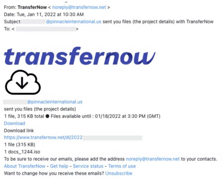 Image: Abnormal. The TransferNow email containing the download link to the malicious file.