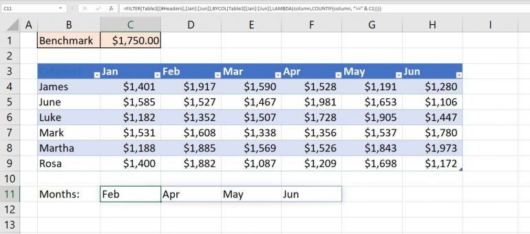 Use Excel’s BYCOL() to analyze data.