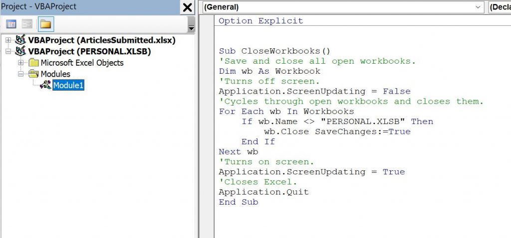 How to create a VBA procedure that closes all open workbooks in Excel