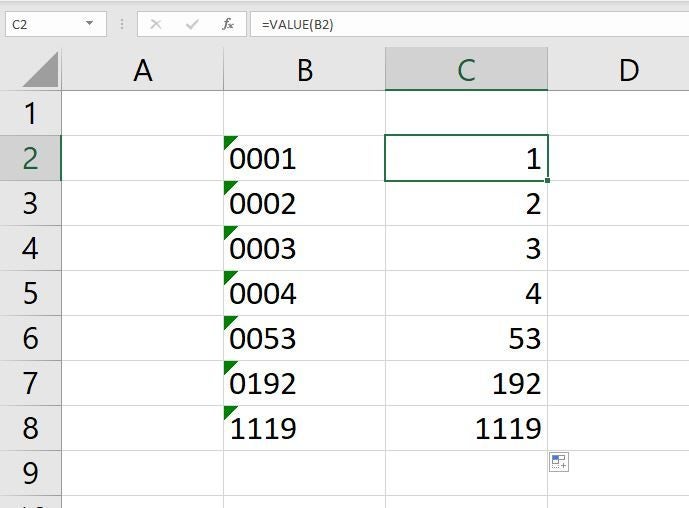 VALUE() removes the leading zeros and converts the values to General.