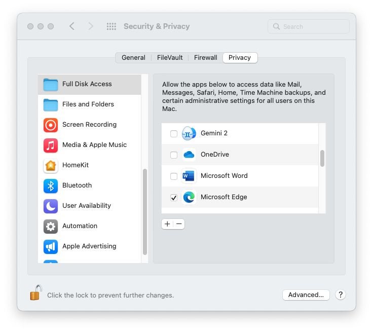 To migrate Safari information to Microsoft Edge, you must first extend Full Disk Permission to Microsoft's browser.