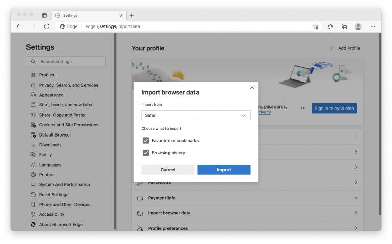 Specify the information you wish to import from which browser within Microsoft Edge.