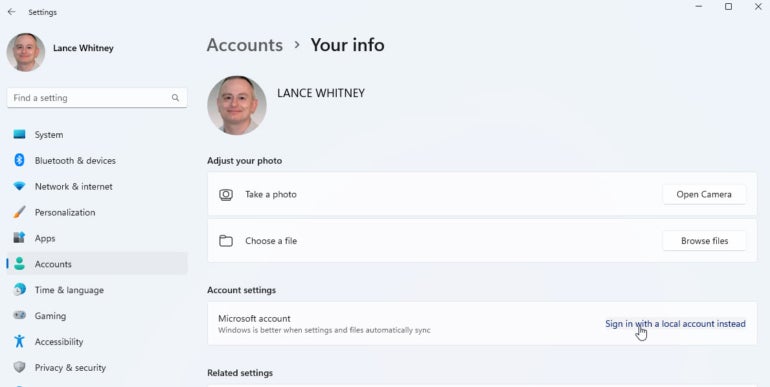 Click the link to sign in with a local account instead using the Account Settings screen.