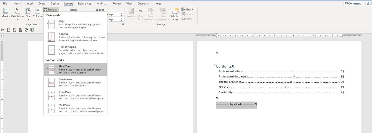 Breaks section of a Microsoft Word doc highlighting Next Page