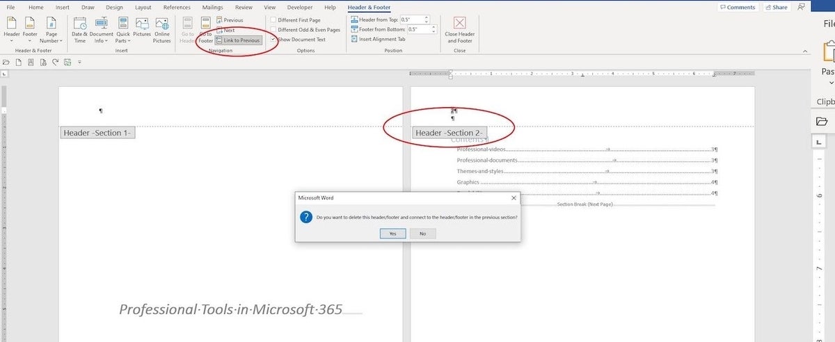 Screenshot of Microsoft Word Document when you are unlinking to sections in a document.