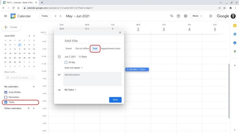 Screenshot of Google Calendar, with box next to both Andy Wolber and Tasks calendars selected. New empty event box displayed, with Task selected (from Event, Out of office, Task, and Appointment slots options).
