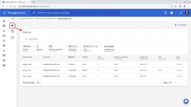 Screenshot of Admin Console | Apps | Google Workspace | Settings for Google Meet | Meet quality tool, with Meeting selected. Displays data for 3 meetings, sorted by Started column.