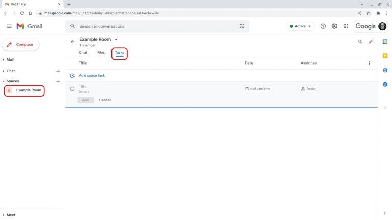 Screenshot of Gmail with an “Example Room” Space active, and the Tasks tab selected. A blank new space task is active, with fields for a title, details, date/time and assignee.