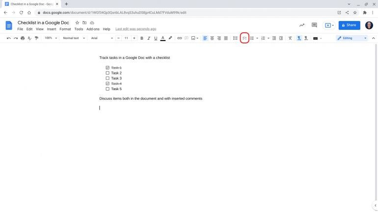 Screenshot of a Google Doc, with five items on a checklist, with task 1 and task 4 completed and marked through. The checklist icon (to the left of the bullet point icon) is circled in red.