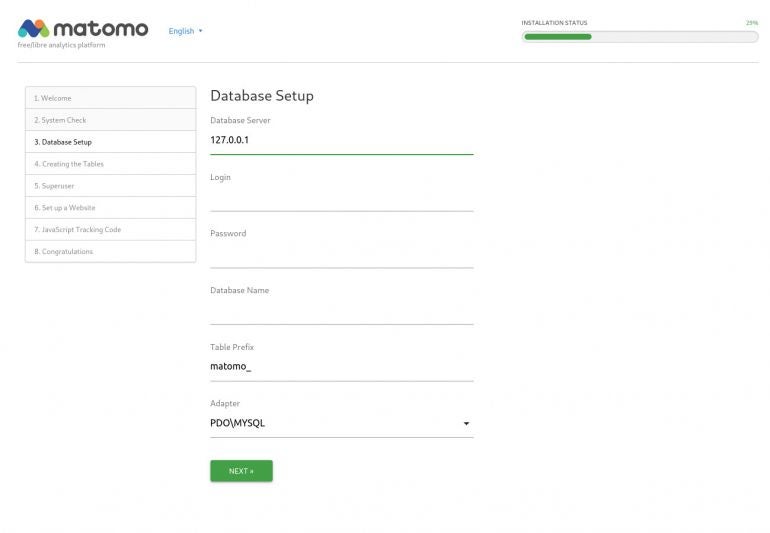 Setting the database parameters for Matomo.