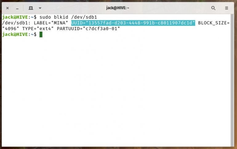 The output from the blkid command shows the UUID of our partition.