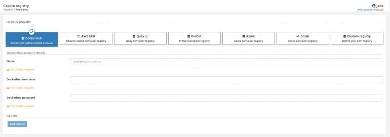 The Portainer Add Registries window allows you to add numerous types of registries.