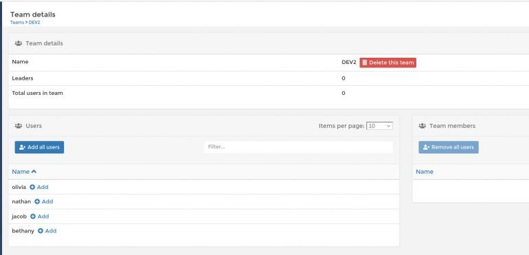 The Team Management page makes it easy to add users to the new team.