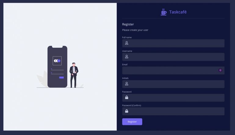 The TaskCafé user registration page.