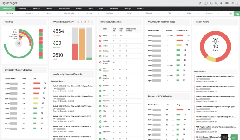 ManageEngine OpManager dashboard.