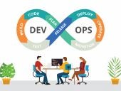 The DevOps sign above a developer team.