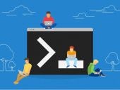 Cartoon of people sitting on a laptop working.
