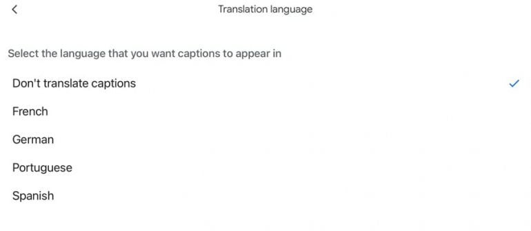 Screenshot of choosing the language in Google Meet.