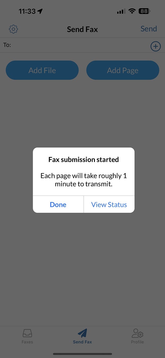 Screenshot of FAXPLUS with notification of submission that started.
