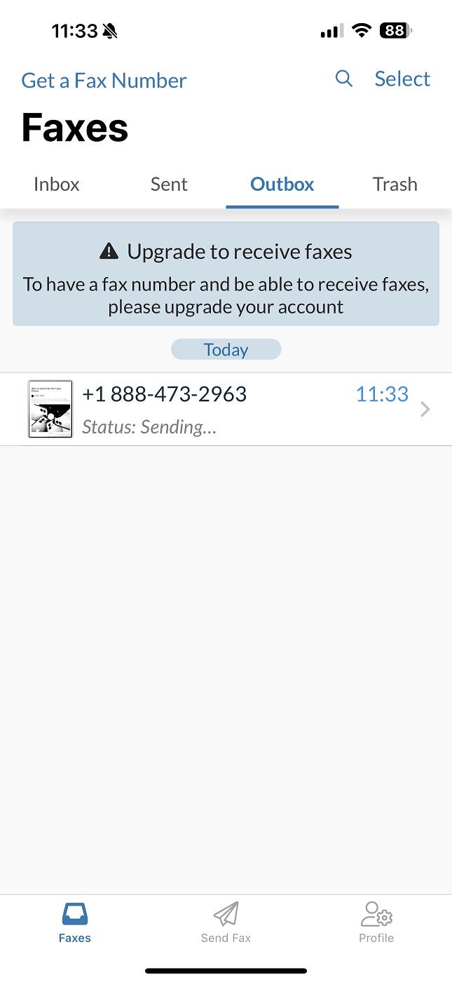 Screenshot of FAXPLUS sending.