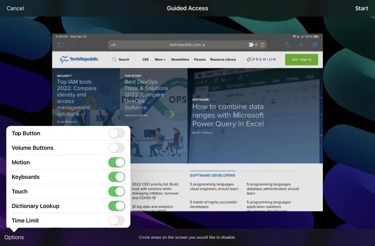 With the configuration view for guided access, you can start the feature and set up different options.