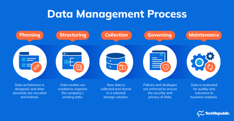 data management process steps with icons to illustrate each step in the process and a brief description