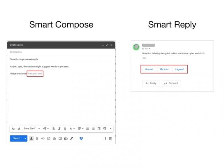 Two images: (left) labeled Smart Compose, with a sentence that starts “I hope this email” followed by suggested text “finds you well” in gray; (right) labeled Smart Reply, an email with three suggested reply buttons: “I know!”, “Me too!” and “I agree!” displayed below a received email.