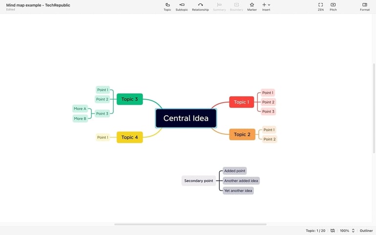 Screenshot of XMind mind map on macOS, with a central idea and several topics and subtopics displayed.