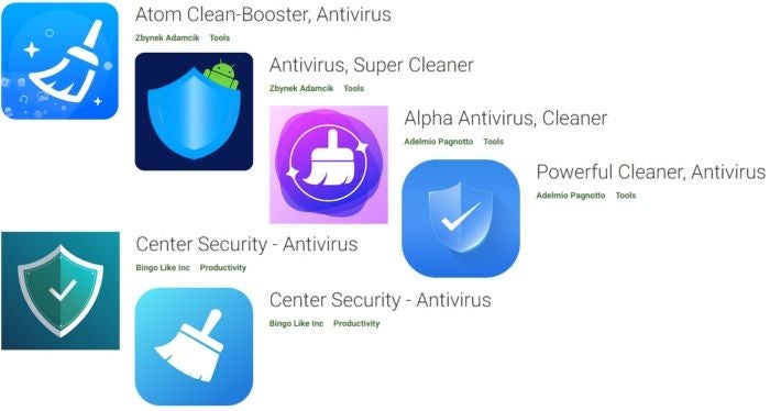 Malicious apps impersonating antivirus programs on Google Play store.