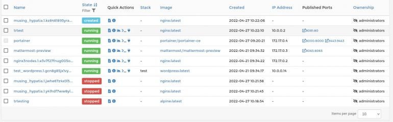 Our trtest container (attached to the trtest network) has an IP address of 10.0.0.2.