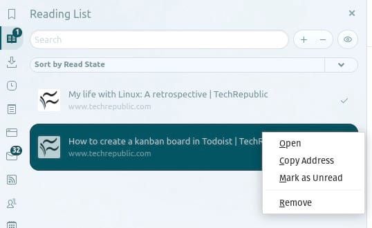 Deleting an entry from the Reading List is a right-click away.