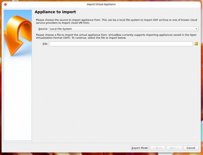 The first screen in the VirtualBox appliance import window.