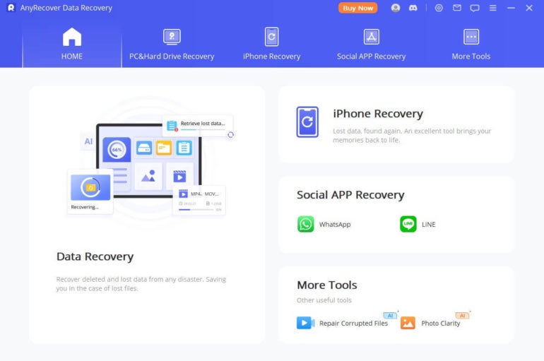 AnyRecover data recovery user interface.