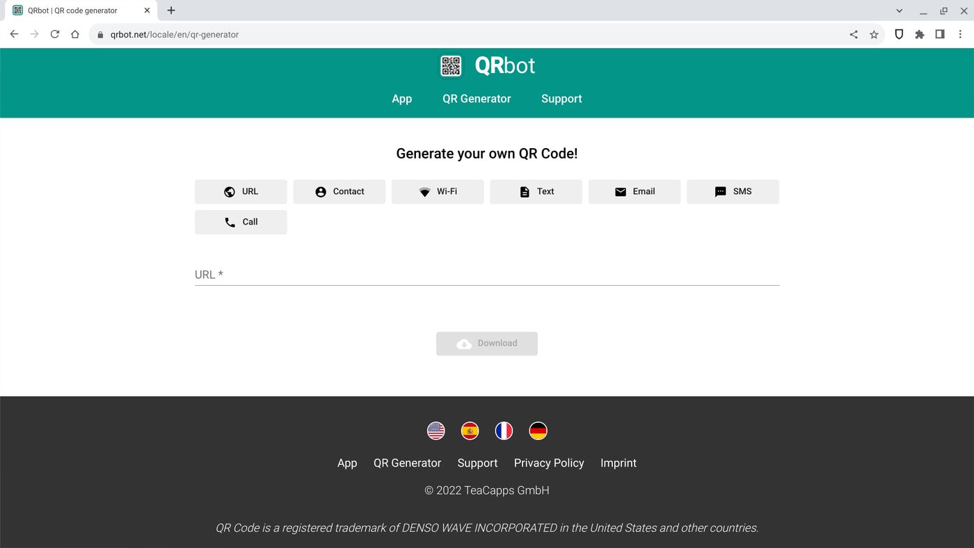 QRbot, with web, Android and iOS apps, lets you make  QR codes for a assortment  of links and actions.