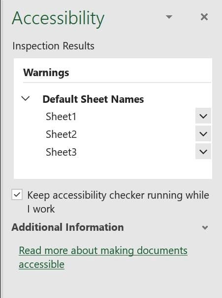 Find sheets that need to be renamed using Check Accessibility.