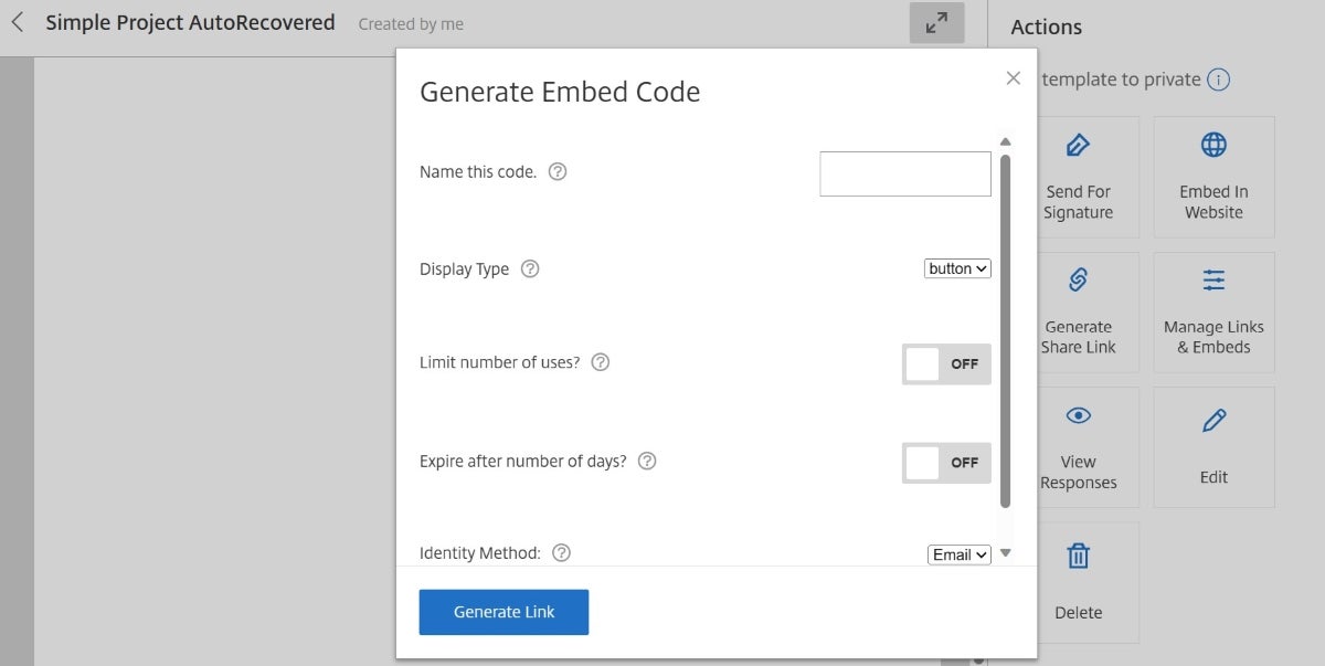 Generating an embed code in RightSignature.