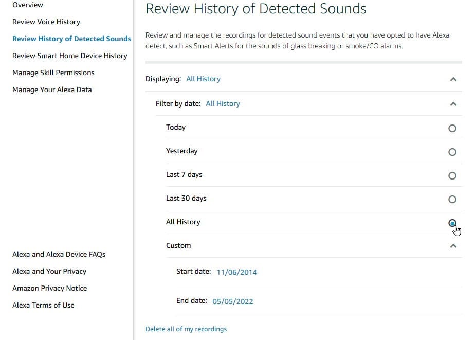 You can review the detected sounds Alexa heard in your home.