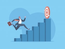 Graphical representation of upskilling, with a man in a suit climbing stairs to reach a target.