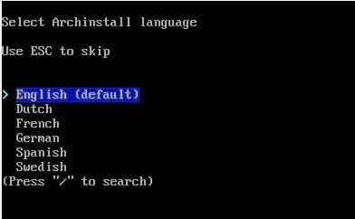 Selecting the install language for Arch Linux.