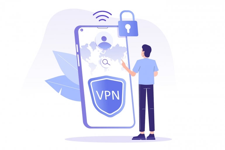 VPN Service Concept. Young man using VPN to protect his personal data in smartphone. Virtual Private Network. Secure network connection and privacy protection. Isolated modern vector illustration
