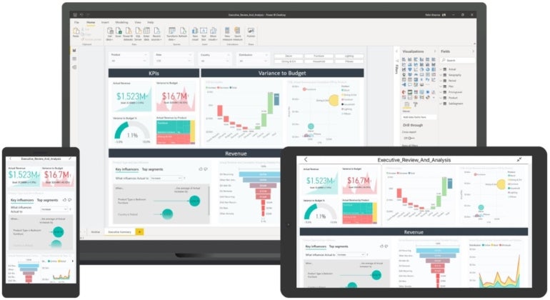 Microsoft Power BI dashboard displayed on a tablet, desktop monitor, and mobile phone