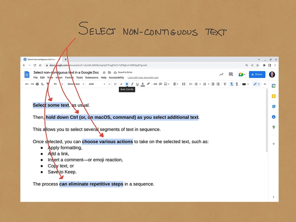 How to select non-contiguous text in a Google Doc