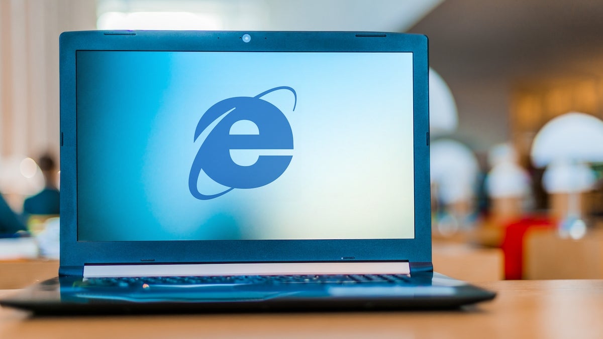 Image of the Internet Explorer logo on a laptop screen. 