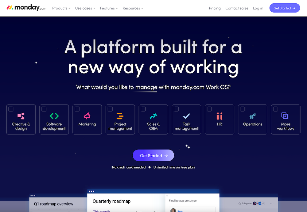 monday work management home page with the text "A platform built for a new way of working" centered on it.
