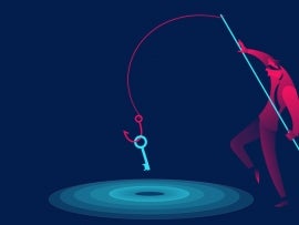 Phishing, scam, hacker business concept in red and blue neon gradients. Man with fishing hook stealing key
