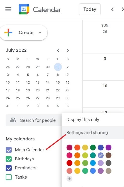 pop up of settings for Google Calendar
