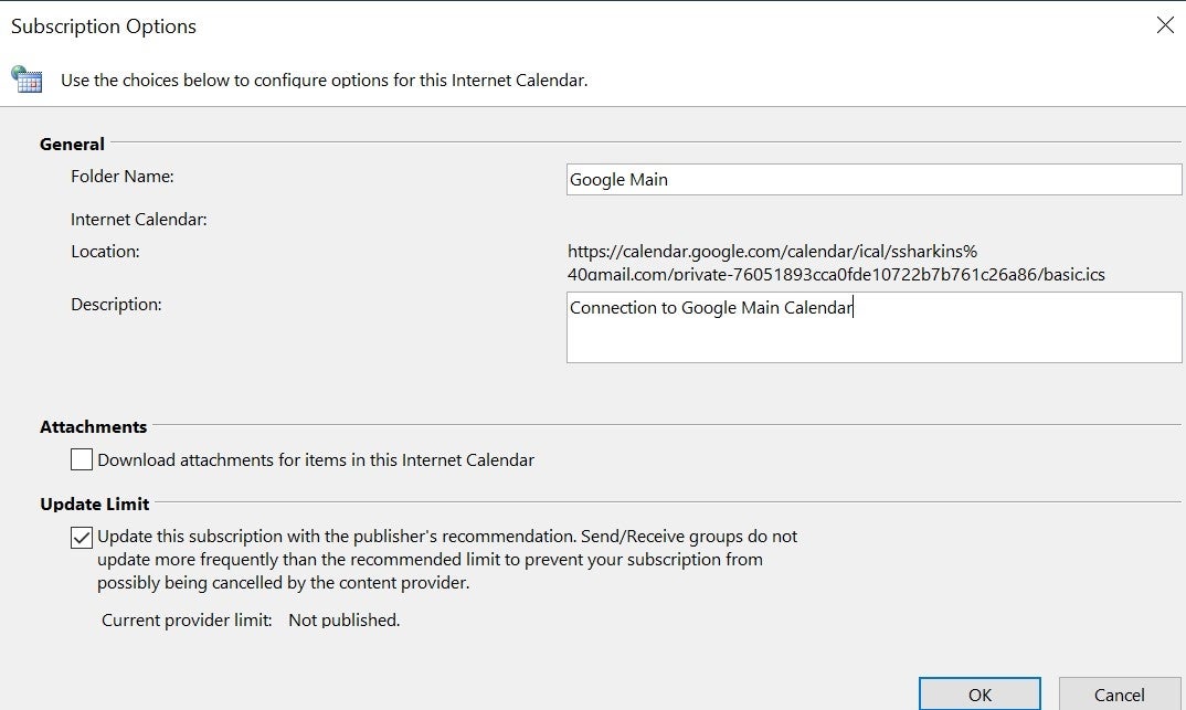 a pop up for naming and configuring the calendar for Google Calendar in Microsoft Outlook