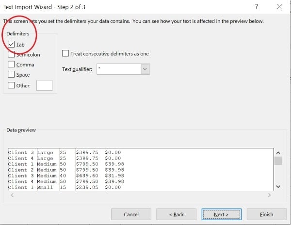 the Tab option selected and circled under the Delimiters section in the Excel Import Wizard