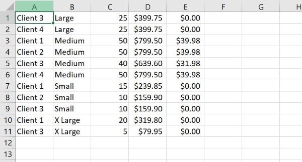 data listed in Excel